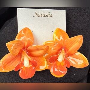 Natasha Couture Acrylic Large Orange Orchid Studded Earrings
